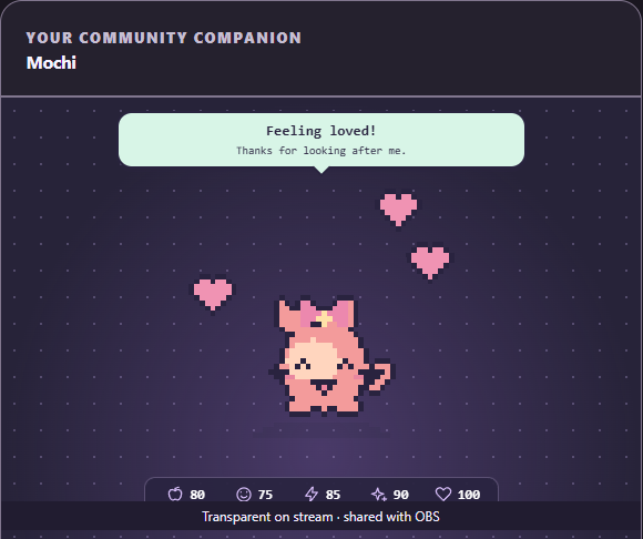 The in-game cat preview with a speech bubble and compact needs bar